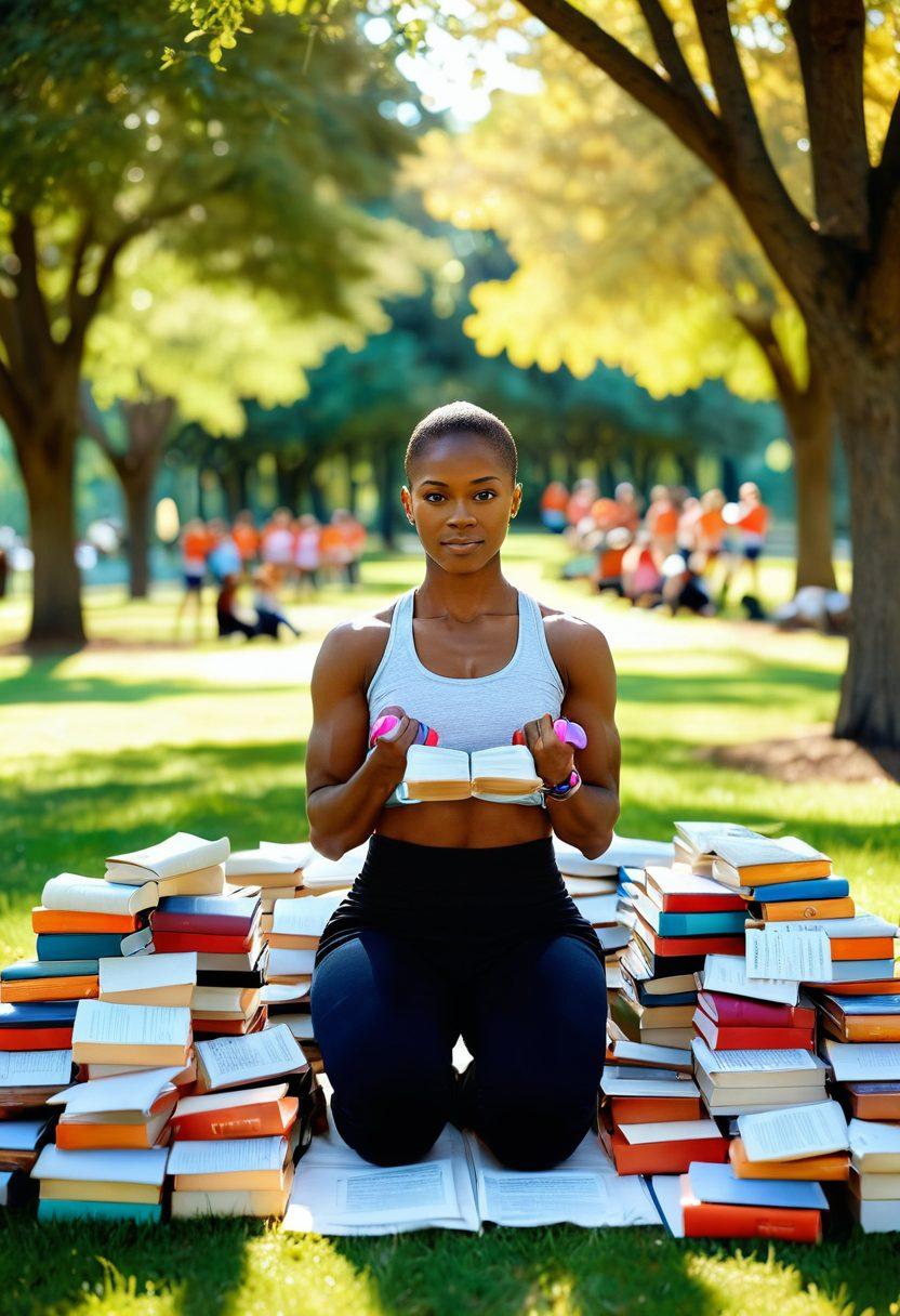 A person in a serene park, confidently lifting dumbbells while surrounded by books and medical research papers on cancer, symbolizing empowerment. In the background, diverse support groups gathering, representing community and encouragement. Soft sunlight filtering through trees, creating a warm and hopeful atmosphere. super-realistic. vibrant colors. peaceful setting.