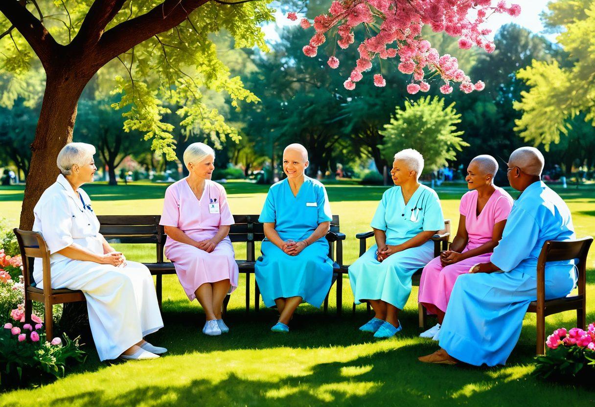 A compassionate scene depicting a diverse group of cancer patients in a serene park, discussing support strategies. Include a gentle caregiver offering comforting words, surrounded by blooming flowers symbolizing hope and resilience. Soft sunlight filtering through the trees, creating a warm, inviting atmosphere. The patients demonstrate a spectrum of emotions from determination to hope. bright colors. super-realistic.