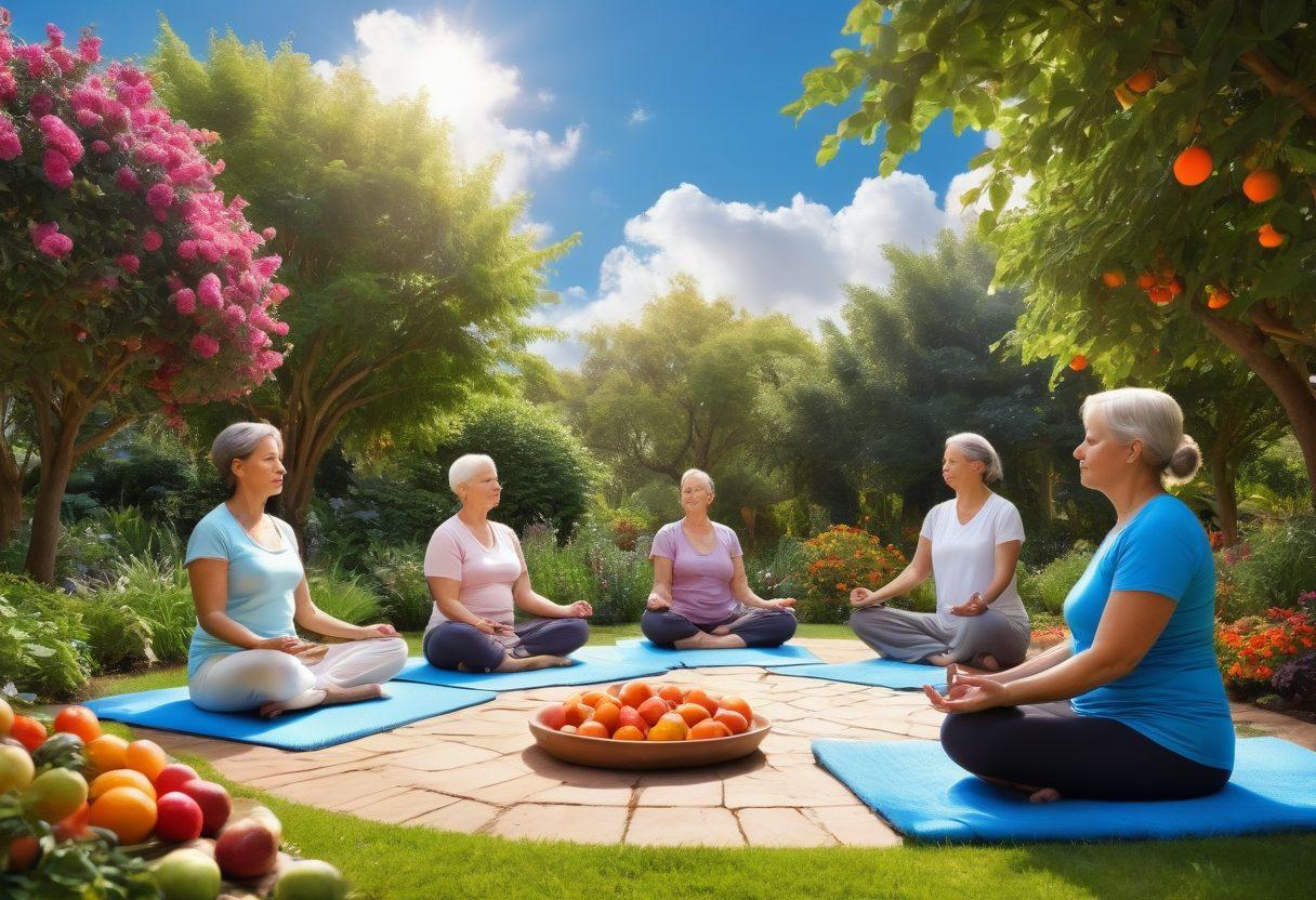 A serene garden scene with a diverse group of cancer survivors engaging in holistic activities like meditation, yoga, and gardening. Vibrant fruits and vegetables to symbolize nutrition surround them, under a bright blue sky filled with fluffy white clouds. A warm, inviting atmosphere with a hint of sunlight filtering through the trees to represent hope and healing. super-realistic. vibrant colors. natural setting.
